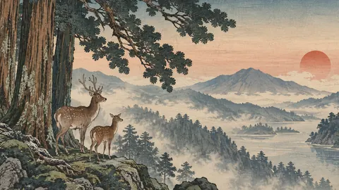 Deer beneath ancient cedars – japanese-inspired woodblock print Frame TV art