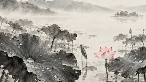 Lotus leaves after rain – zen sumi-e ink wash Frame TV art