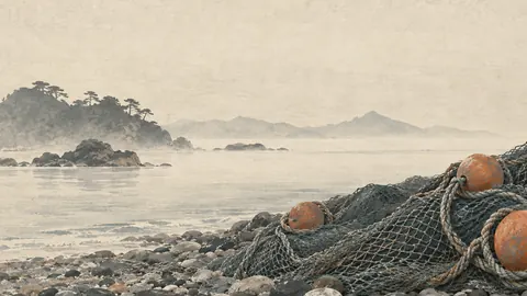 Fishing nets and floats on a pebble shore – japanese-inspired minimal composition Frame TV art