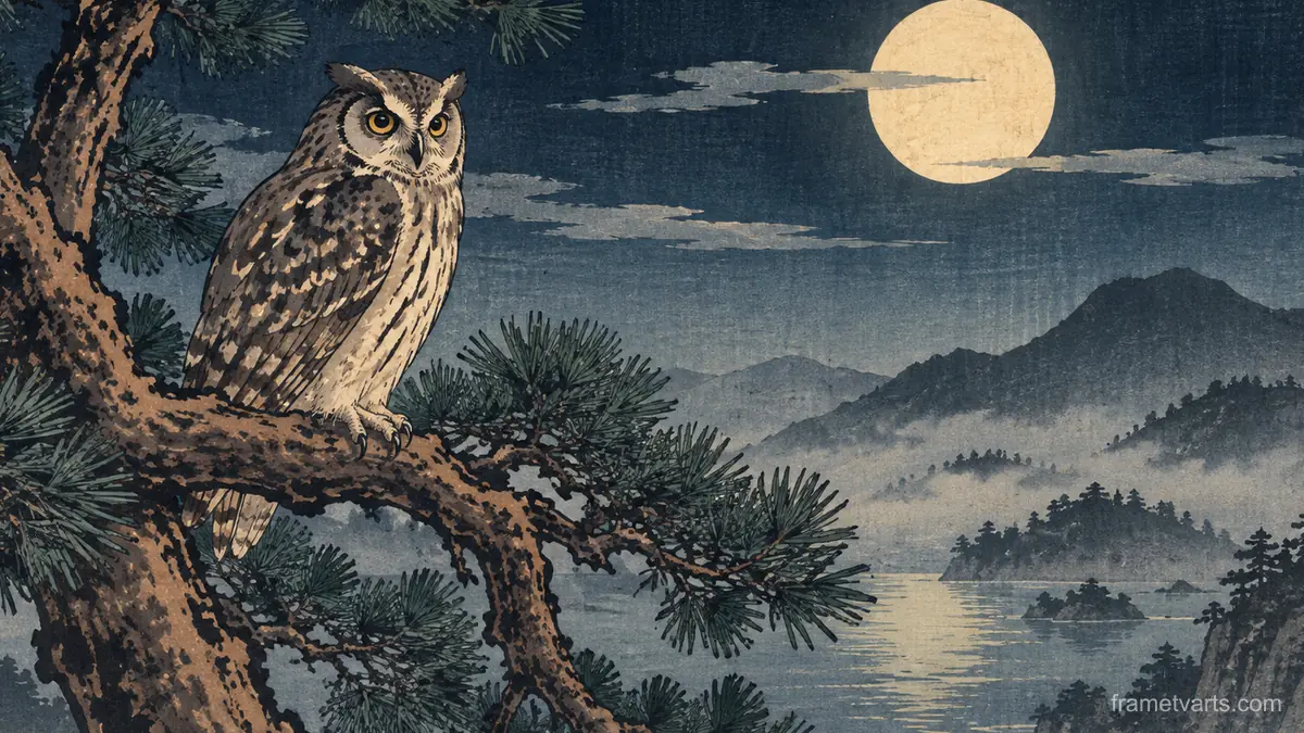 Owl on a pine bough at night – japanese-inspired woodblock print Samsung Frame TV art, 4K