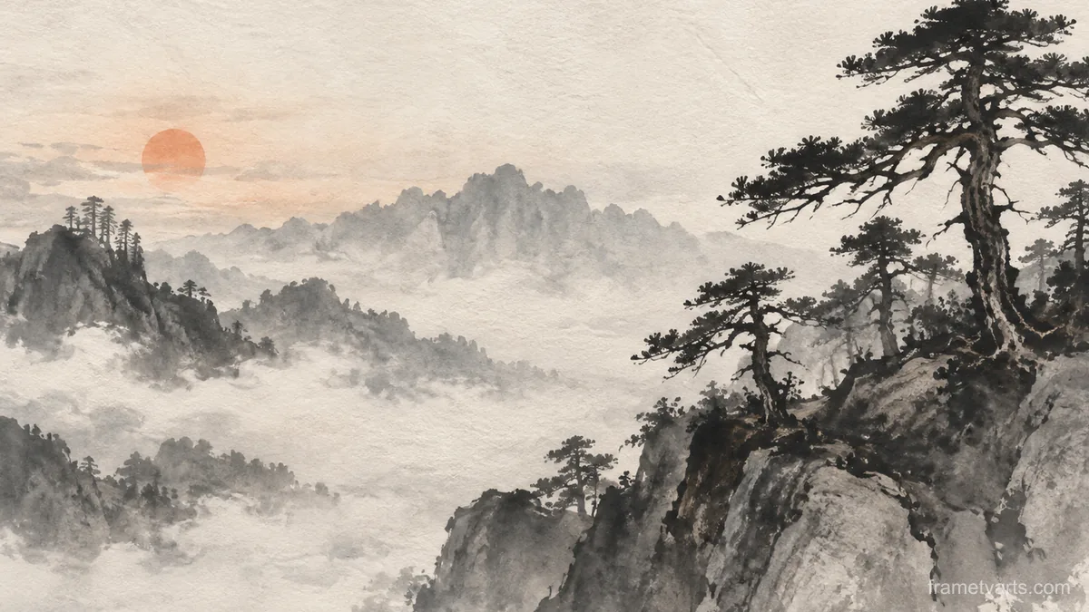 Ink-dark pines on a ridge – zen sumi-e ink wash Samsung Frame TV art, 4K