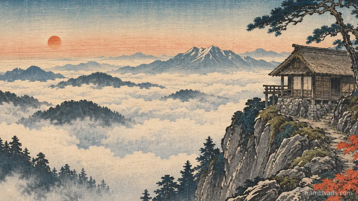 Mountain hut above a cloud sea – japanese-inspired woodblock print Samsung Frame TV art, 4K
