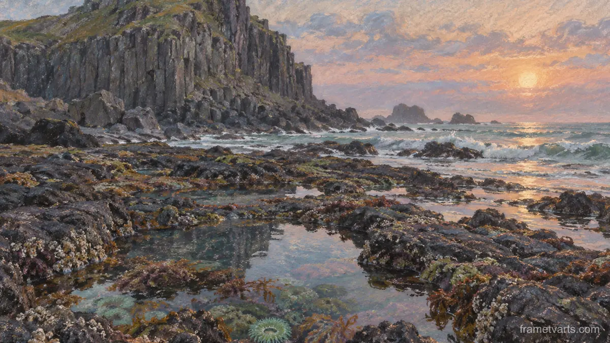 Tide pools below a basalt headland – soft pastel drawing Samsung Frame TV art, 4K