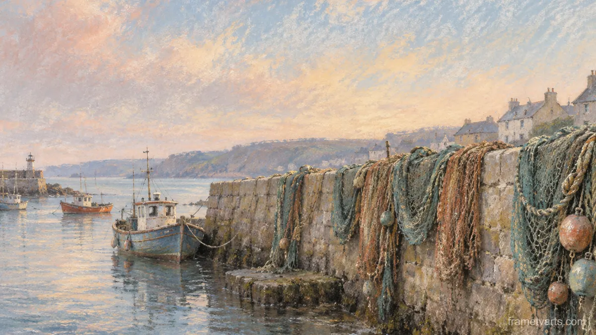 Fishing nets drying on a harbour wall – muted pastel organic abstraction Samsung Frame TV art, 4K