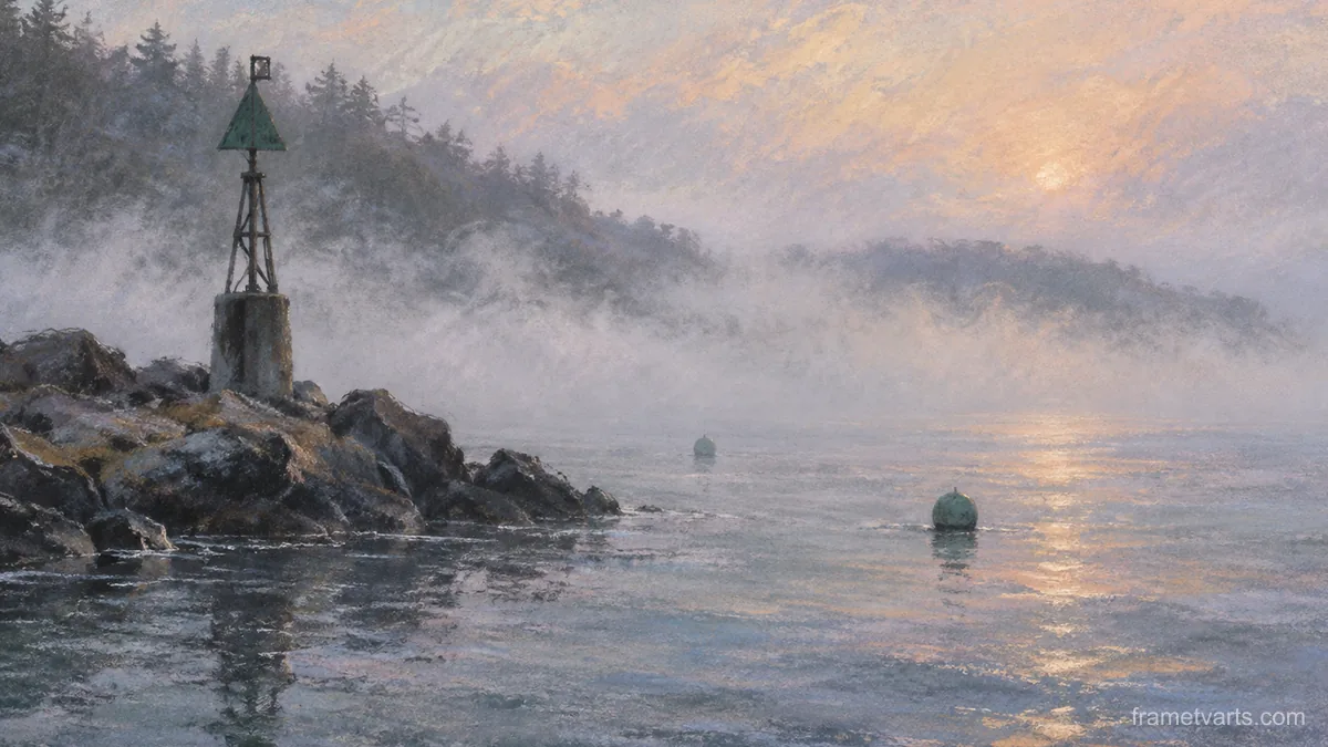 Sea fog rolling past a channel marker – chalk pastel study Samsung Frame TV art, 4K