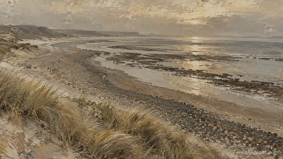 Shingle bank and marram grass at low light – earth-tone textured abstraction Samsung Frame TV art, 4K