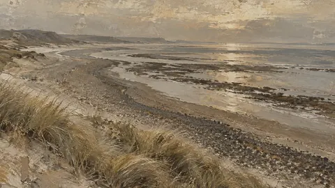 Shingle bank and marram grass at low light – earth-tone textured abstraction Frame TV art