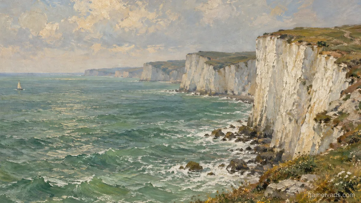 Chalk cliffs above a green sea – atmospheric oil painting Samsung Frame TV art, 4K