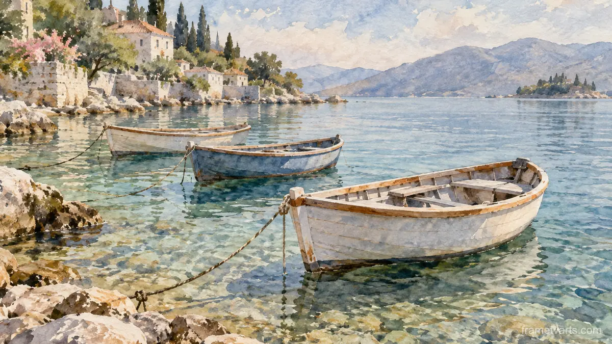 Rowboats moored in clear shallows – elegant watercolor Samsung Frame TV art, 4K