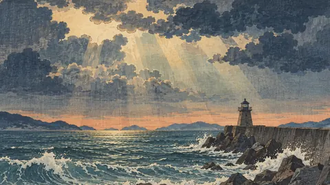 Storm light over a breakwater – japanese-inspired woodblock print Frame TV art