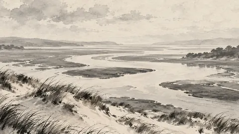 Estuary channels seen from the dunes – zen sumi-e ink wash Frame TV art