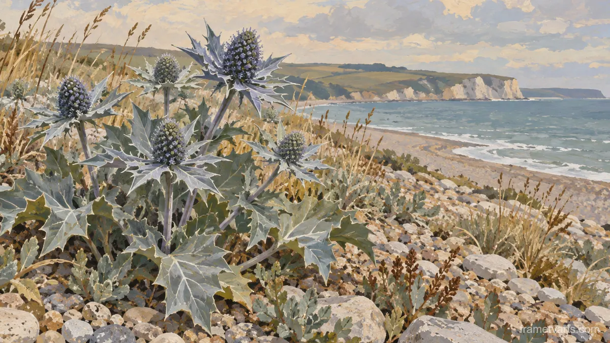 Sea holly on a shingle ridge – naturalist gouache Samsung Frame TV art, 4K