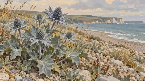 Sea holly on a shingle ridge – naturalist gouache Frame TV art