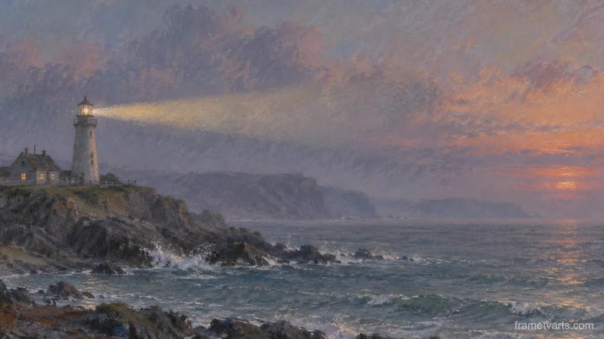 Lighthouse beam in evening haze – soft pastel drawing Samsung Frame TV art, 4K