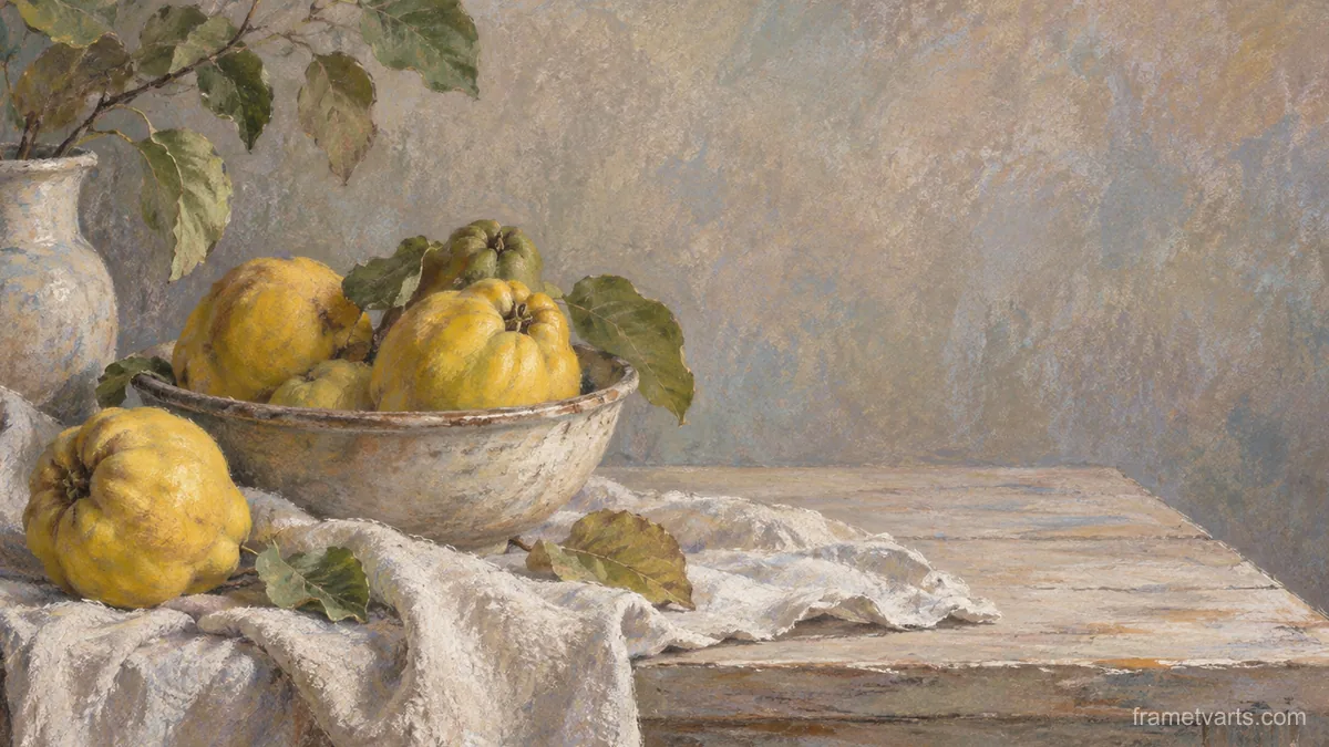 Quinces and a linen cloth on a scrubbed table – soft pastel drawing Samsung Frame TV art, 4K