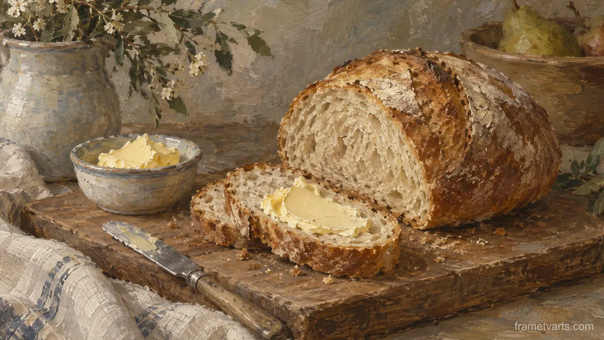 Bread and butter on a board – tonal oil painting Samsung Frame TV art, 4K