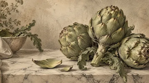 Artichokes on a marble slab – vintage plate engraving Frame TV art