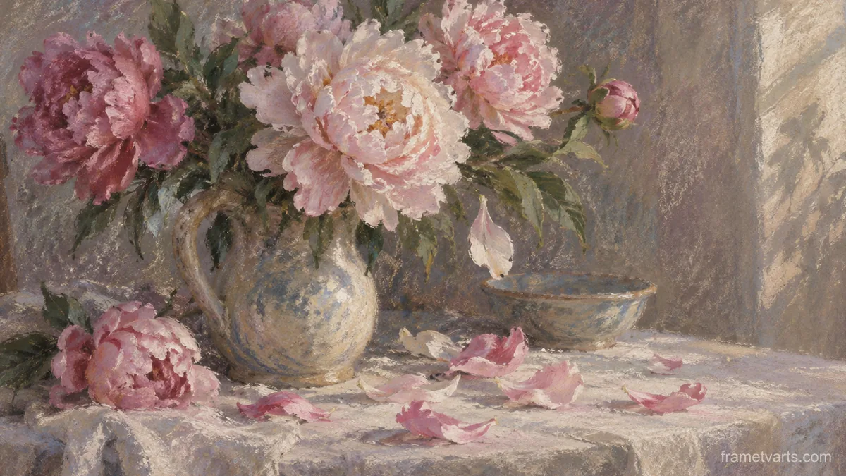 Peonies dropping petals on a table – chalk pastel study Samsung Frame TV art, 4K
