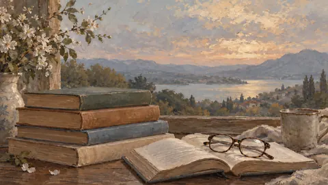 Unmarked books and reading glasses – tonal oil painting Frame TV art