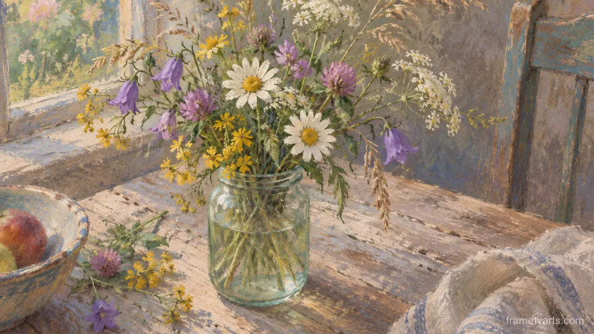 Wildflowers in a jam jar – chalk pastel study Samsung Frame TV art, 4K