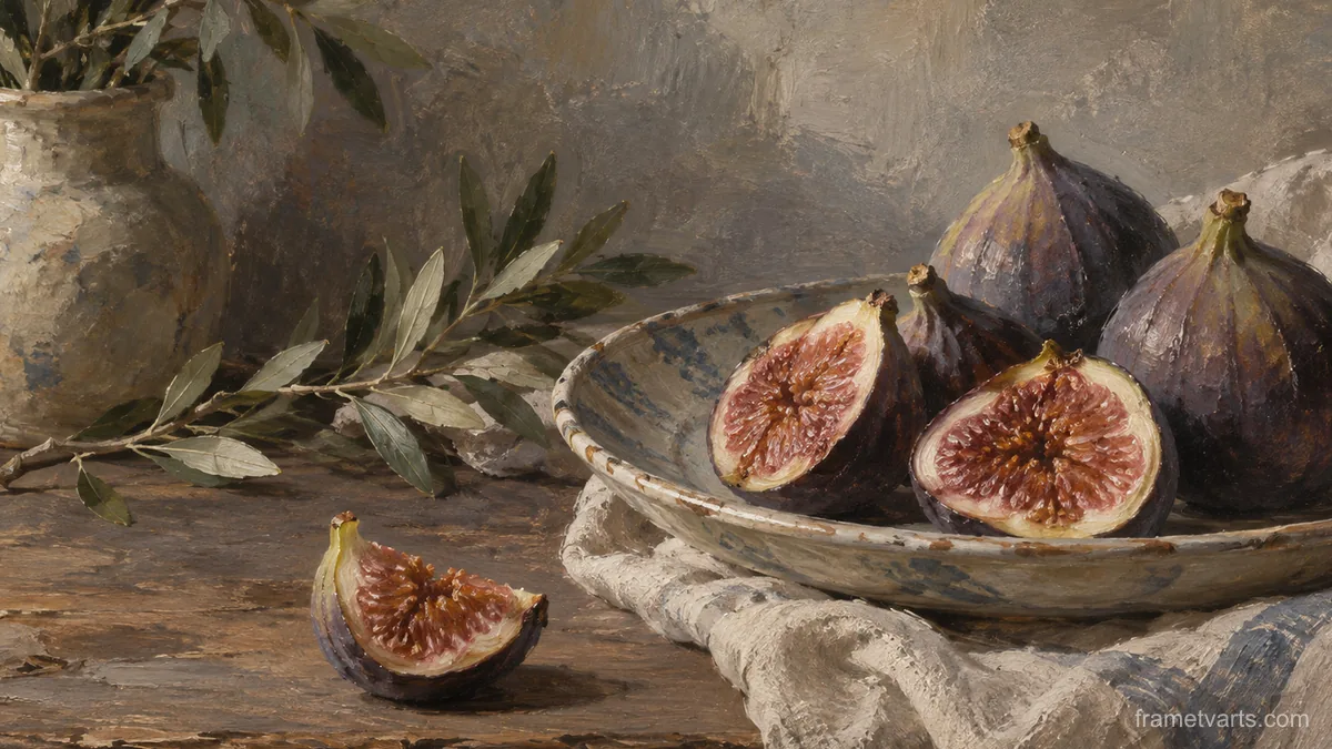 Figs split on a ceramic dish – tonal oil painting Samsung Frame TV art, 4K