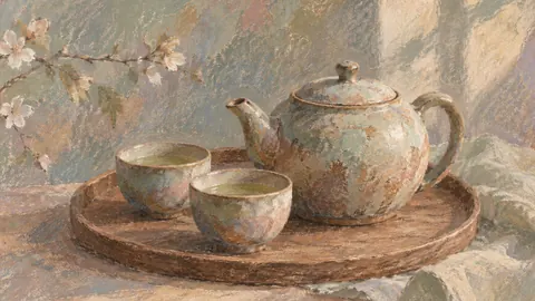 Teapot and two cups on a tray – muted pastel organic abstraction Frame TV art