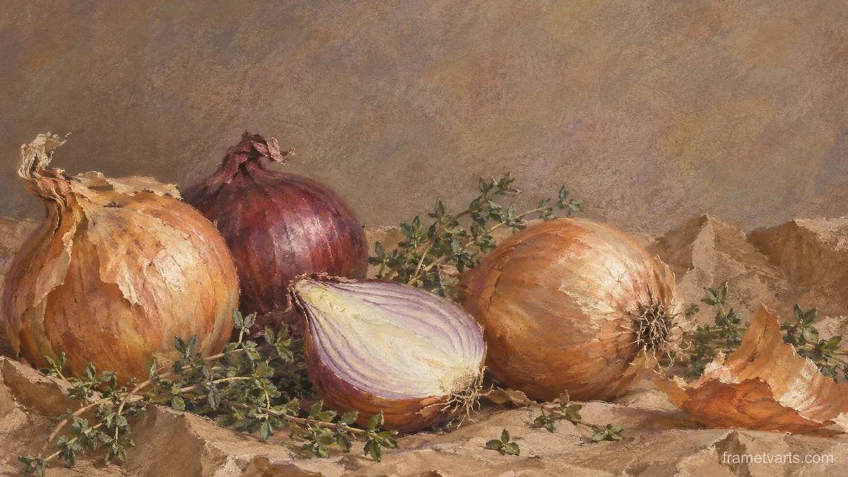 Onions and thyme on brown paper – soft pastel drawing Samsung Frame TV art, 4K