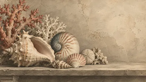 Seashells and coral on a shelf – vintage plate engraving Frame TV art