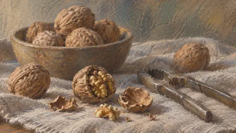 Walnuts and a cracker on linen – chalk pastel study Frame TV art