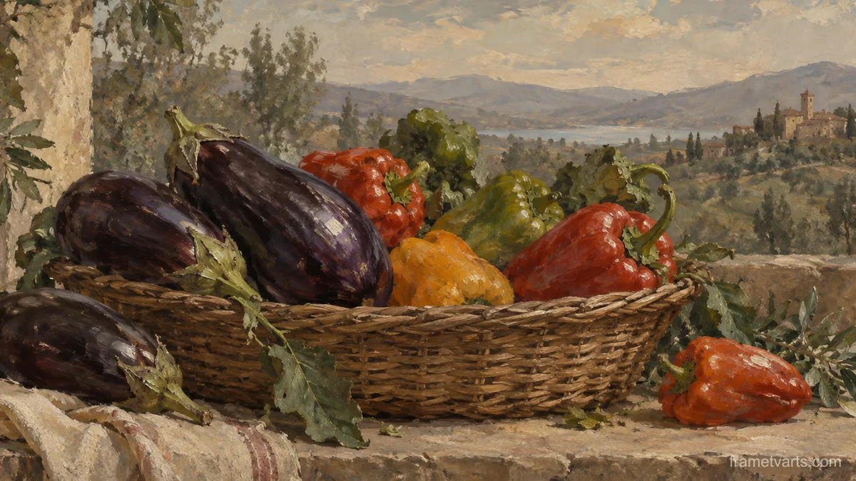Aubergines and peppers in a basket – tonal oil painting Samsung Frame TV art, 4K