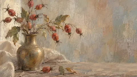 Rosehips in a small brass vase – muted pastel organic abstraction Frame TV art
