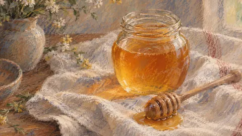 Honey jar and dipper on a cloth – soft pastel drawing Frame TV art