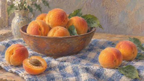 Apricots on a checked cloth – soft pastel drawing Frame TV art