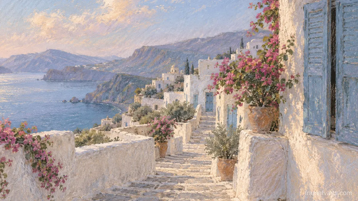 Whitewashed village steps and shutters – soft pastel drawing Samsung Frame TV art, 4K