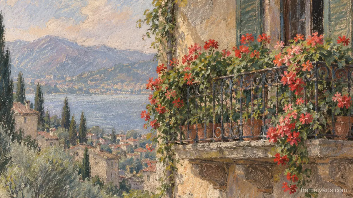 Iron balcony with geraniums – chalk pastel study Samsung Frame TV art, 4K