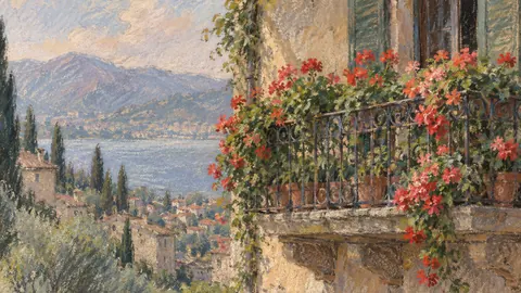 Iron balcony with geraniums – chalk pastel study Frame TV art