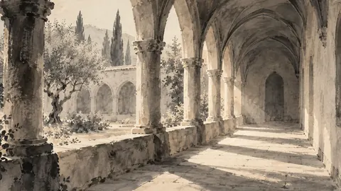 Cloister walk in raking light – zen sumi-e ink wash Frame TV art
