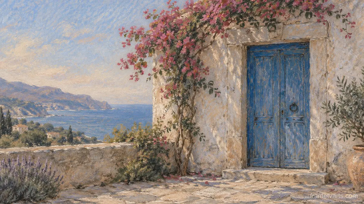 Blue door in a plaster wall – soft pastel drawing Samsung Frame TV art, 4K
