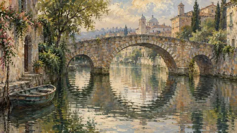 Bridge arches reflected in canal water – impressionist oil painting Frame TV art