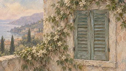 Shuttered window with a climbing vine – muted pastel organic abstraction Frame TV art