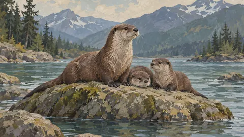Otters on a river rock – naturalist gouache Frame TV art