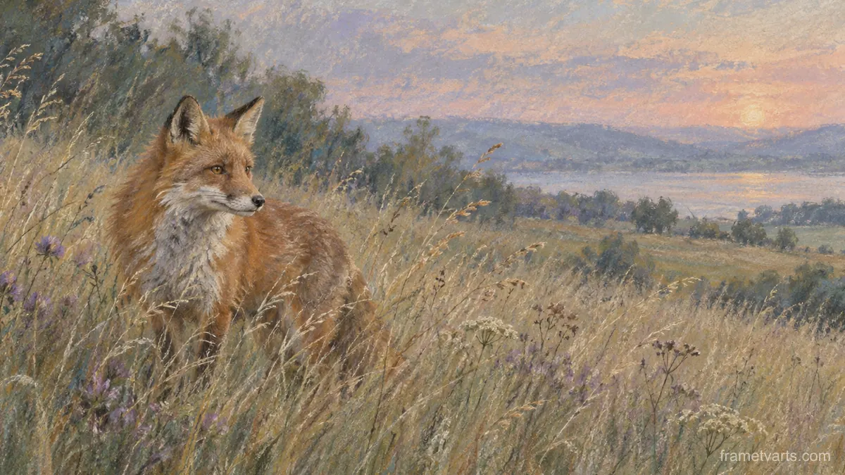 Fox in long grass – soft pastel drawing Samsung Frame TV art, 4K