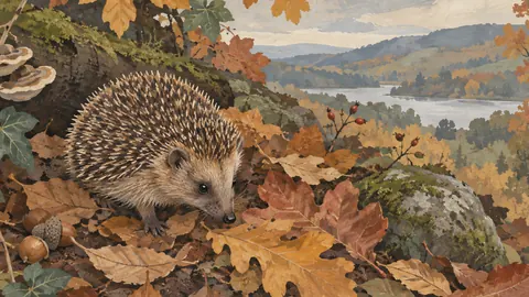 Hedgehog among fallen leaves – storybook gouache Frame TV art