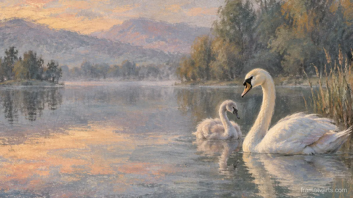 Swans on still water – chalk pastel study Samsung Frame TV art, 4K