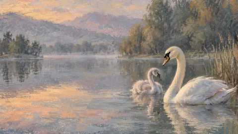 Swans on still water – chalk pastel study Frame TV art