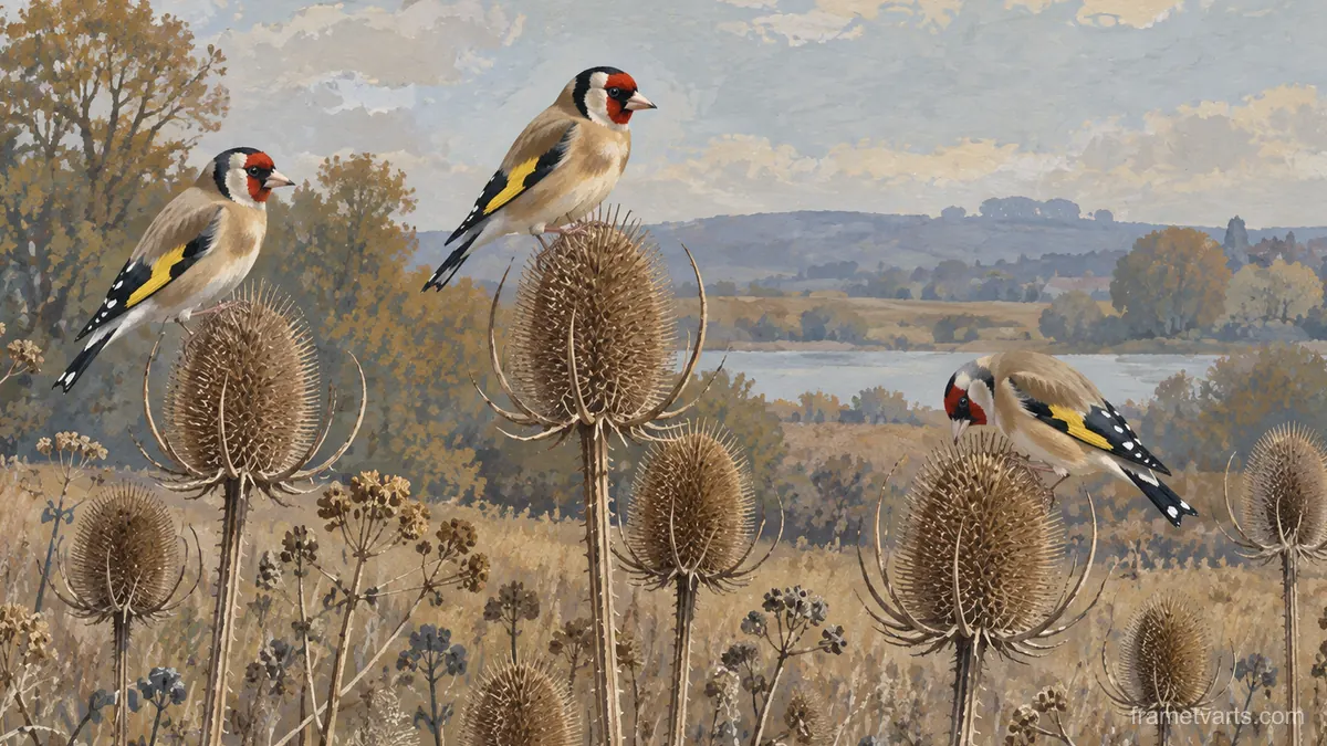 Goldfinches on teasel heads – naturalist gouache Samsung Frame TV art, 4K