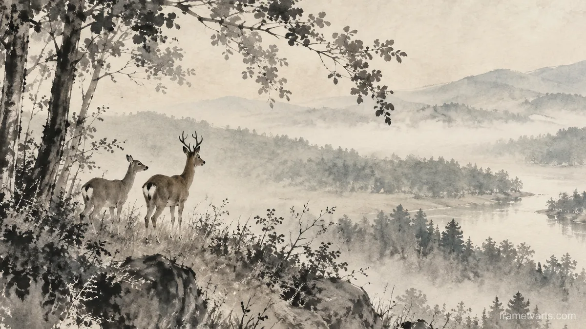 Roe deer at a woodland edge – zen sumi-e ink wash Samsung Frame TV art, 4K